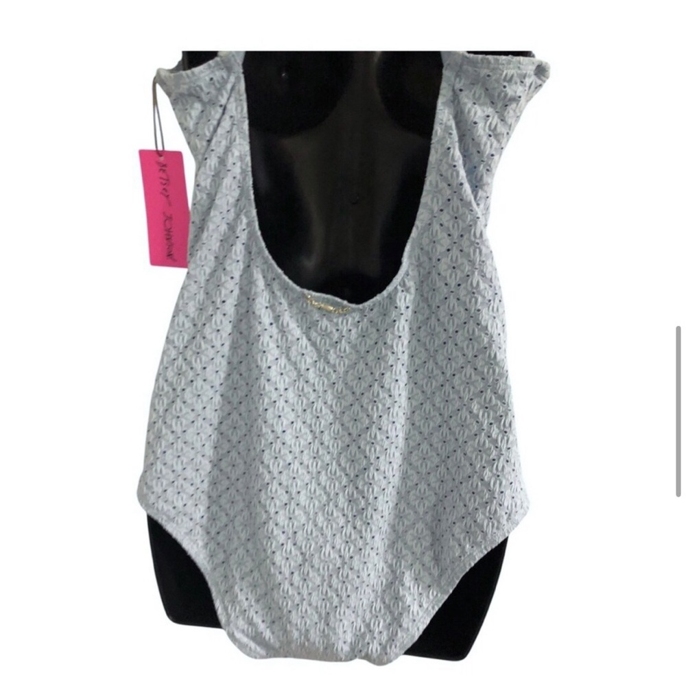 Betsey Johnson Clear sky blue 1piece Ruffle strap eyelet Swimsuit size large new - Picture 10 of 15